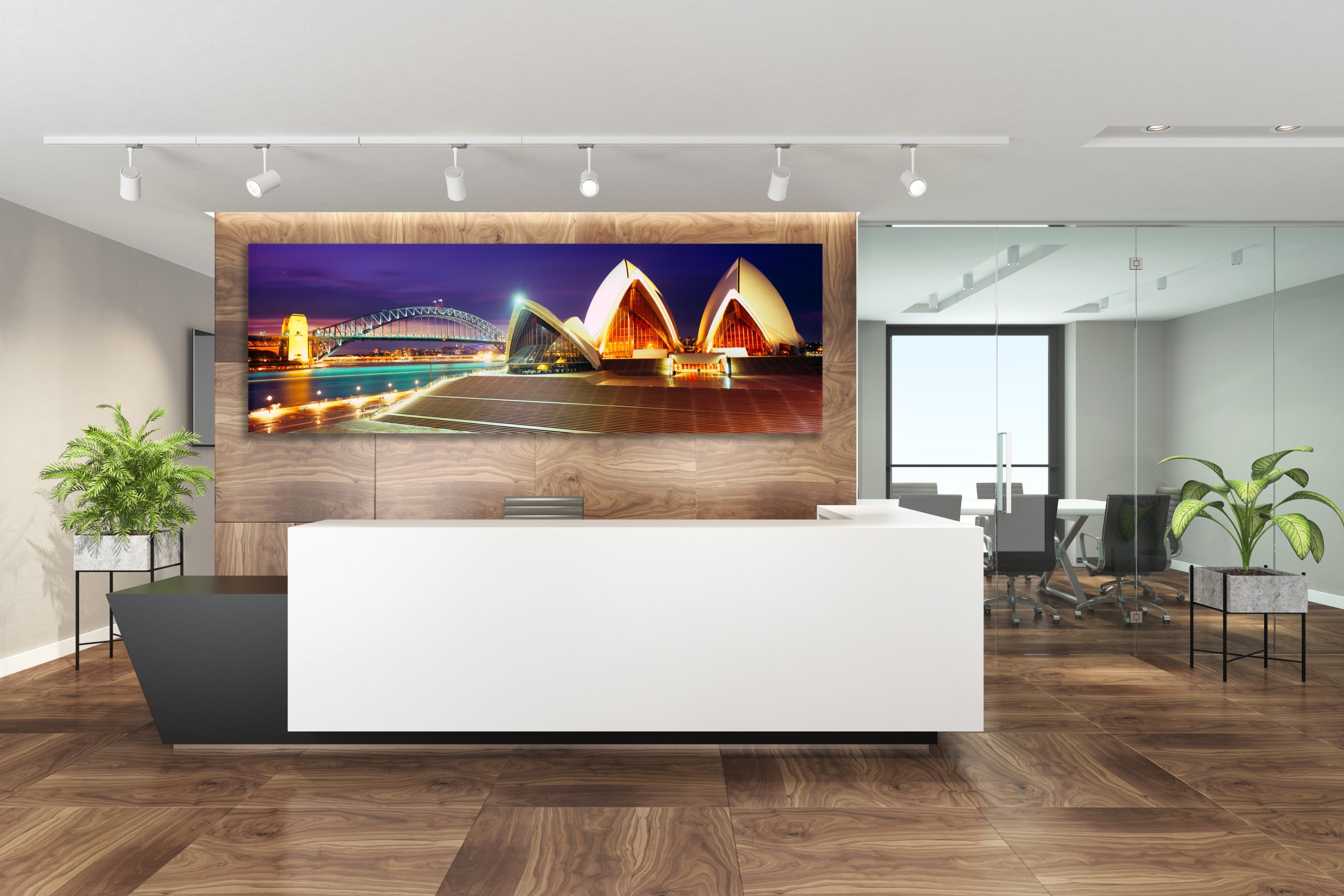 Modern office interior with big white desk