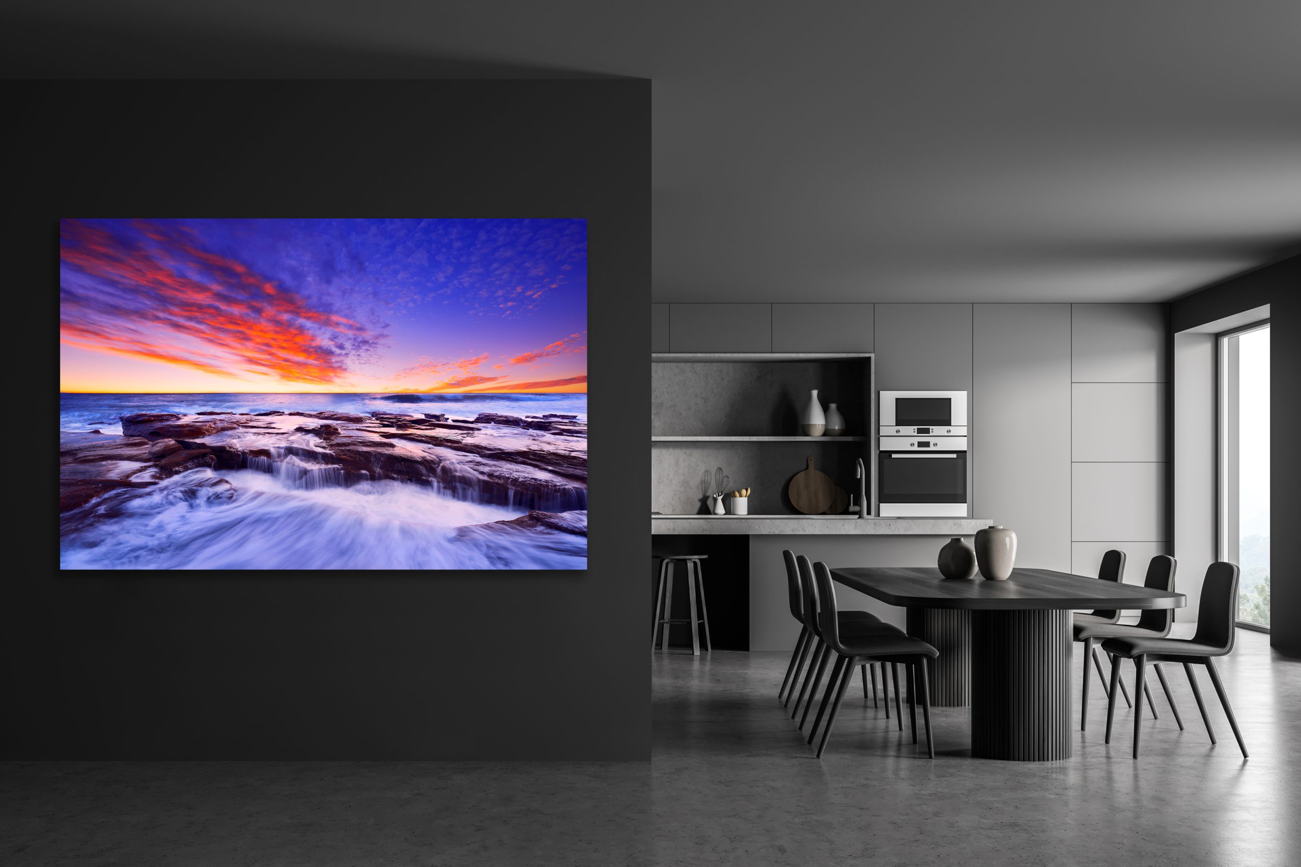 Dark kitchen interior with furniture on concrete floor, mockup frame