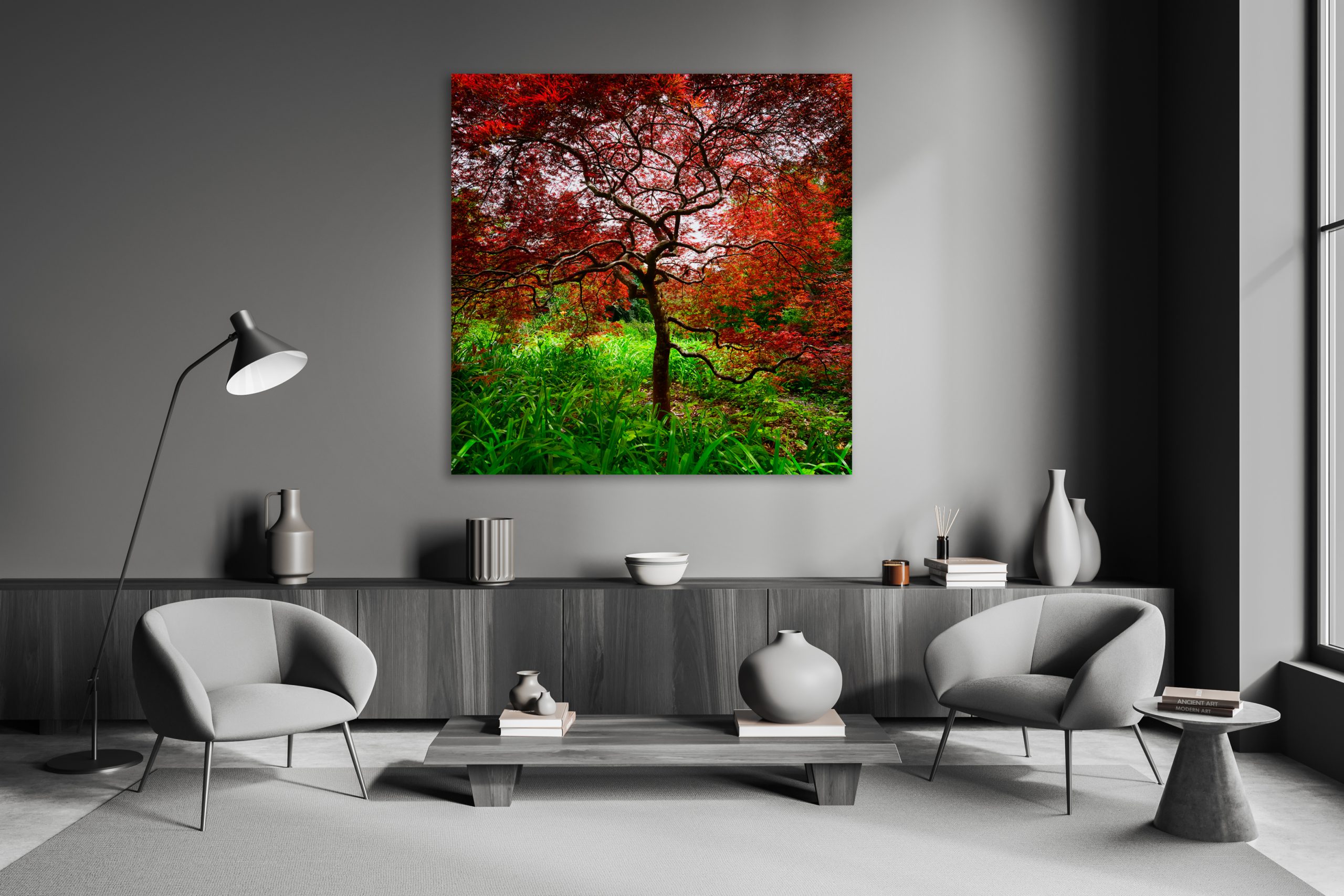 Relax room interior with chairs and decoration, drawer and mockup frame