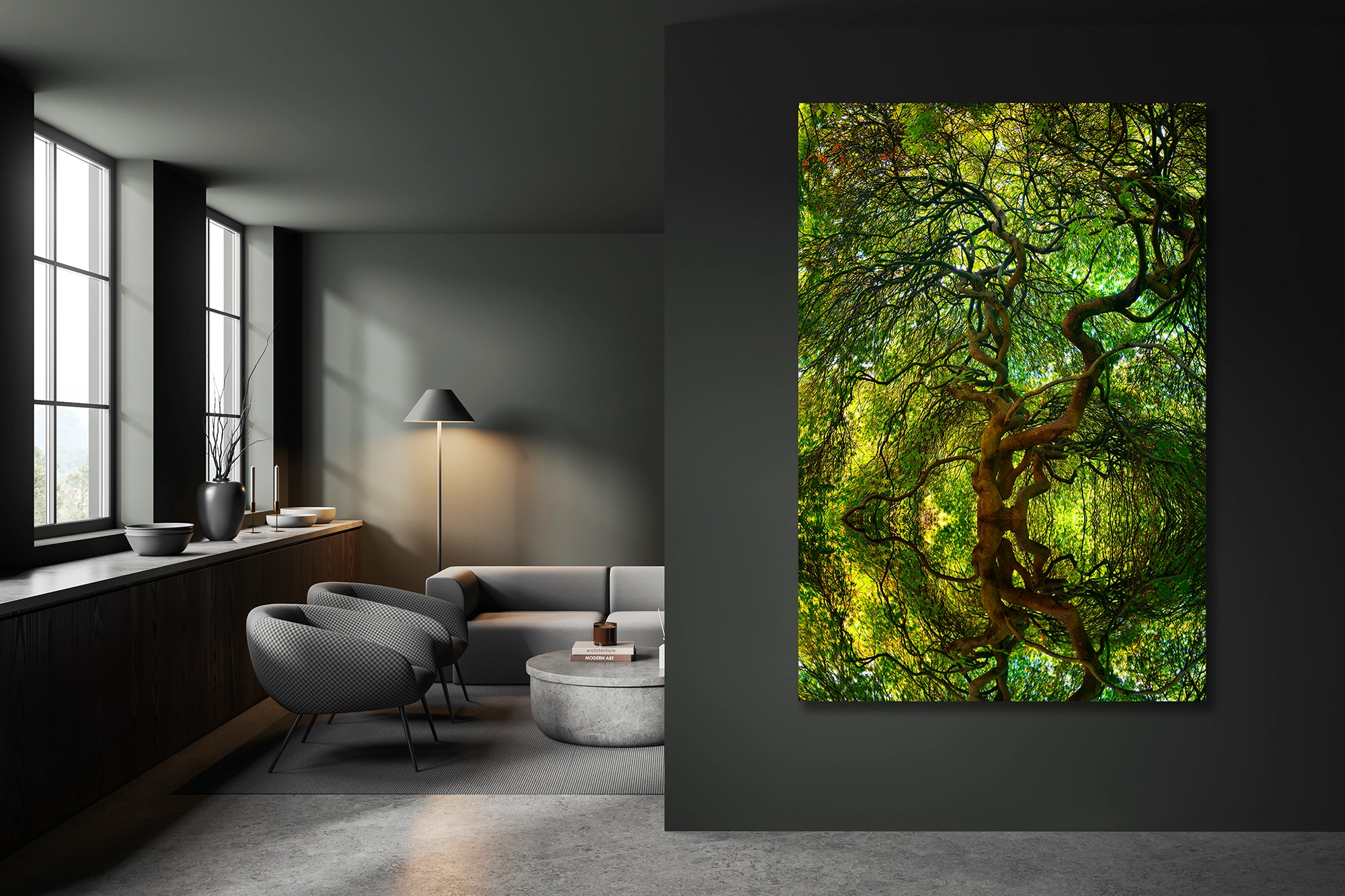 Gray living room interior with sofa, armchairs and poster wall art