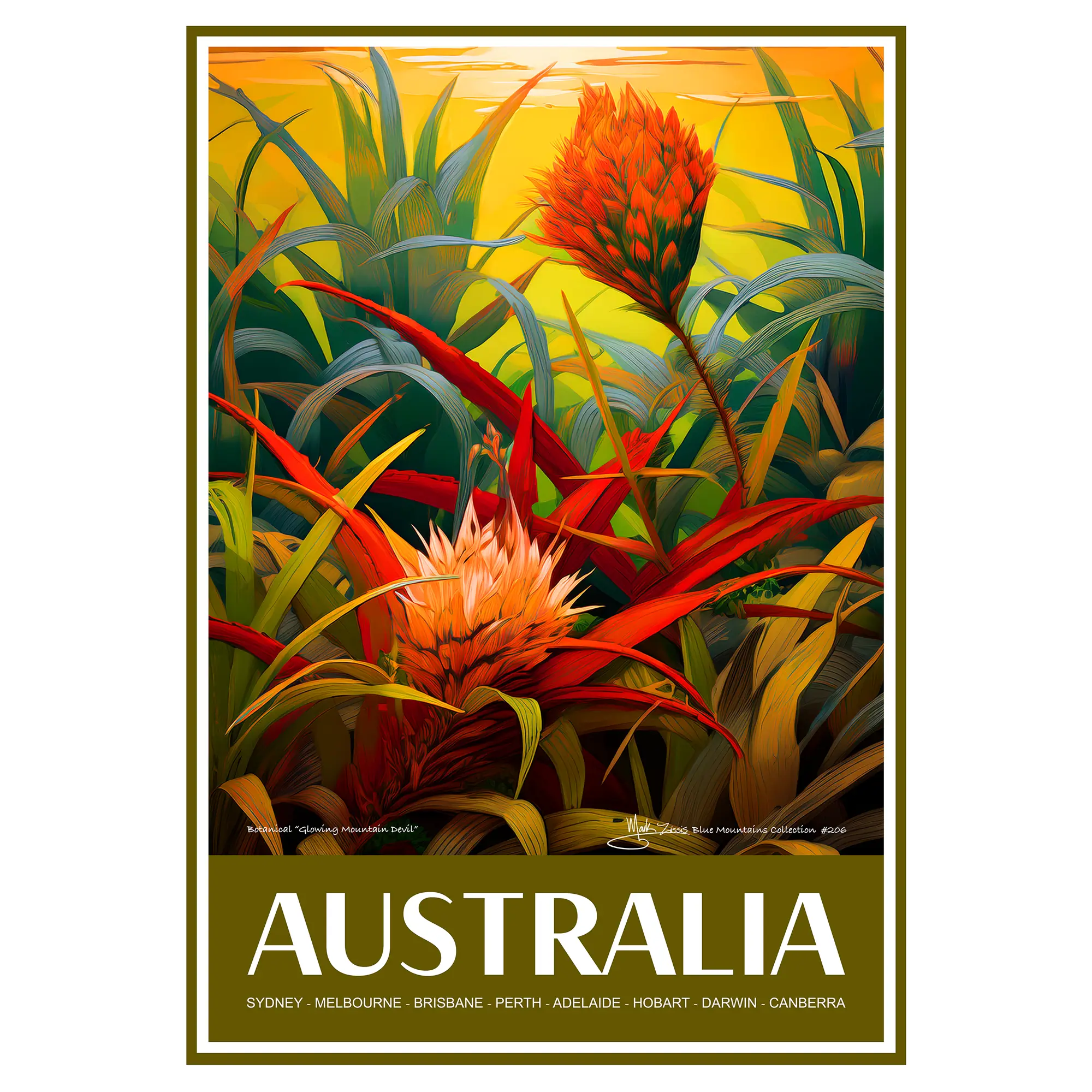 Vintage Travel Poster Australian Botanical Glowing Mountain Devil