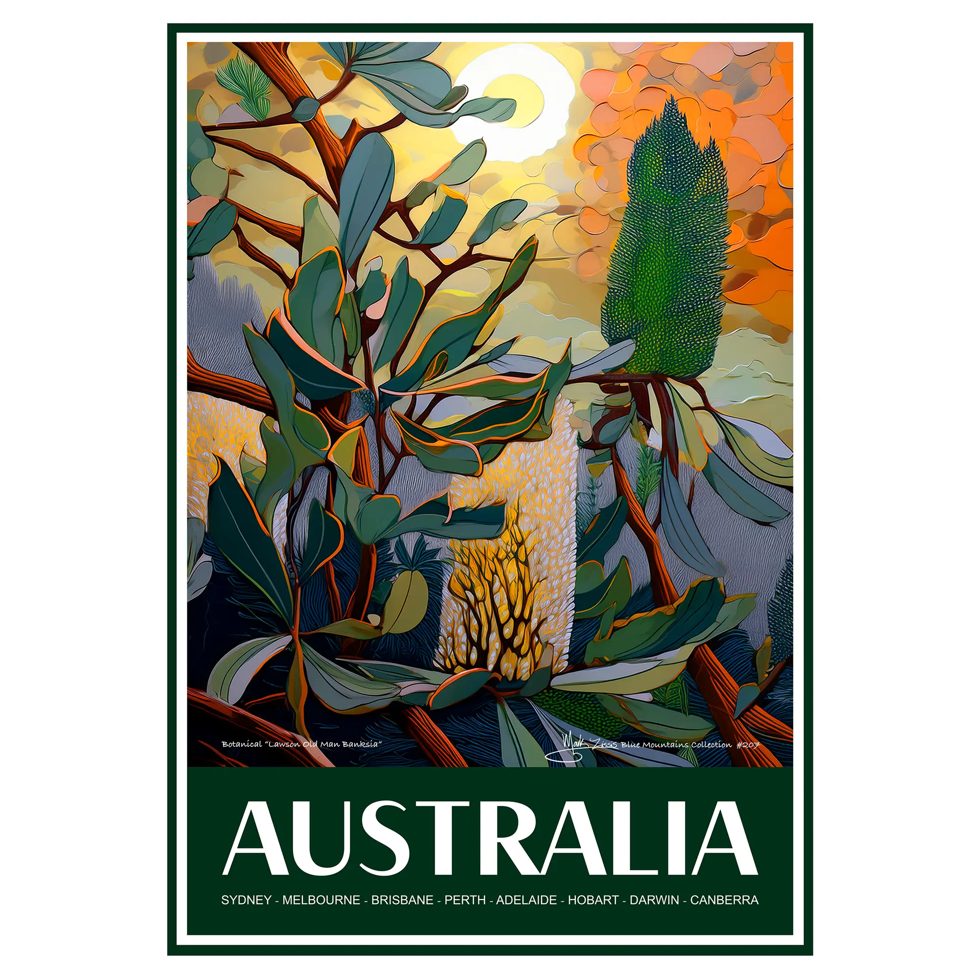 Vintage Travel Poster Australian Botanical Lawson Old Man Banksia
