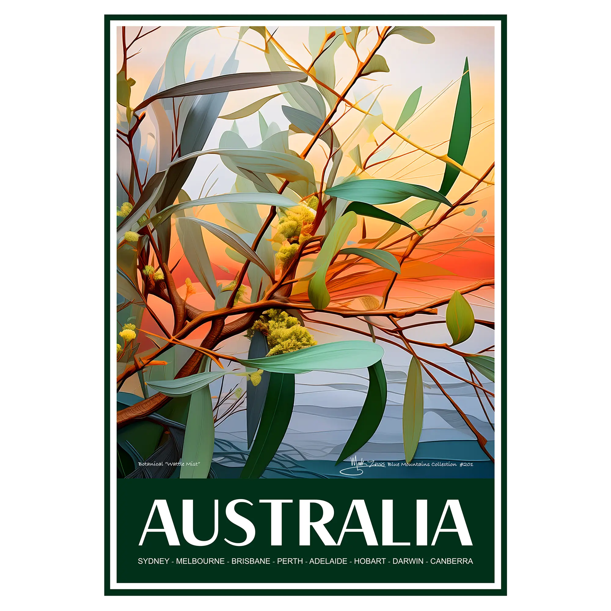 Vintage Travel Poster Australian Botanical Wattle Mist